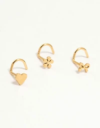 Gold Plated Surgical Steel Bow, Heart & Flower Nose Stud 3-Pack