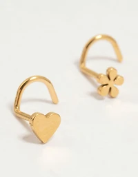 Gold Plated Surgical Steel Bow, Heart & Flower Nose Stud 3-Pack