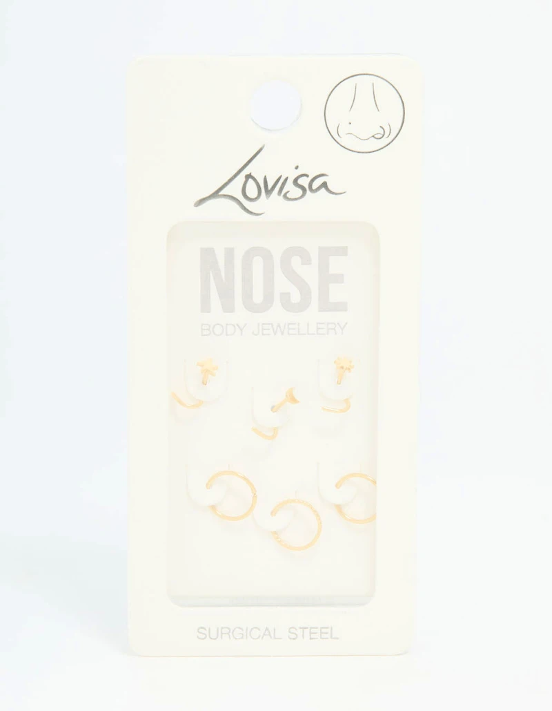 Gold Plated Surgical Steel Bow, Heart & Flower Nose Stud 3-Pack