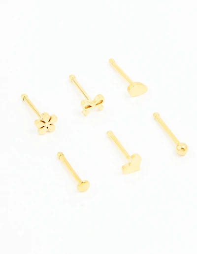 Gold Plated Surgical Steel Heart, Bow & Flower Nose Stud 6-Pack