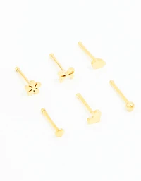 Gold Plated Surgical Steel Heart, Bow & Flower Nose Stud 6-Pack