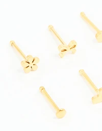 Gold Plated Surgical Steel Heart, Bow & Flower Nose Stud 6-Pack