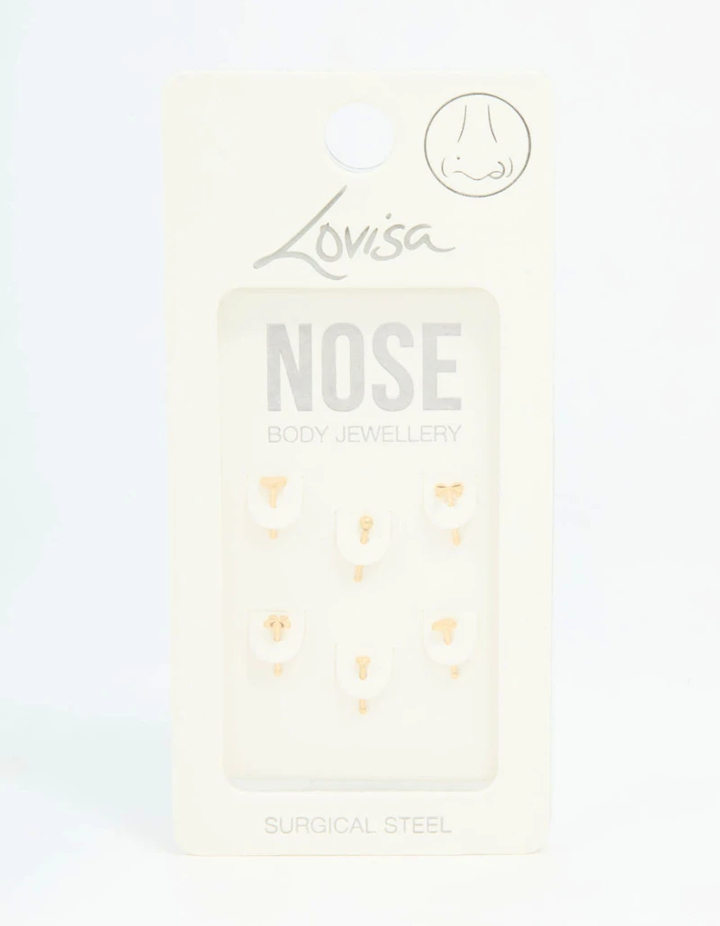 Gold Plated Surgical Steel Heart, Bow & Flower Nose Stud 6-Pack