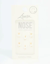 Gold Plated Surgical Steel Heart, Bow & Flower Nose Stud 6-Pack