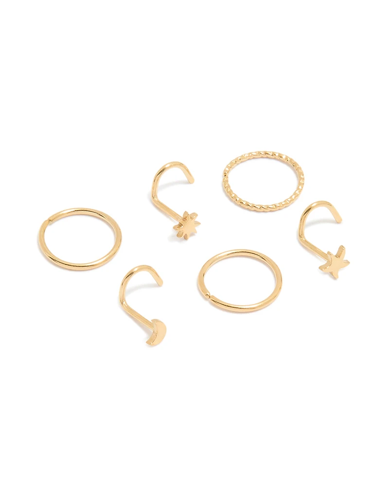 Gold Plated Surgical Steel Star & Moon Nose Piercings 6-Pack