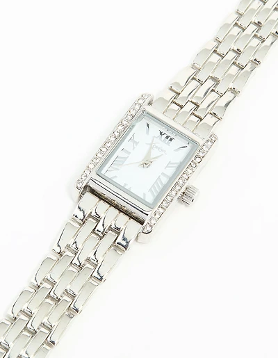 Montre rectangulaire en chiffres romains en argent Diamante