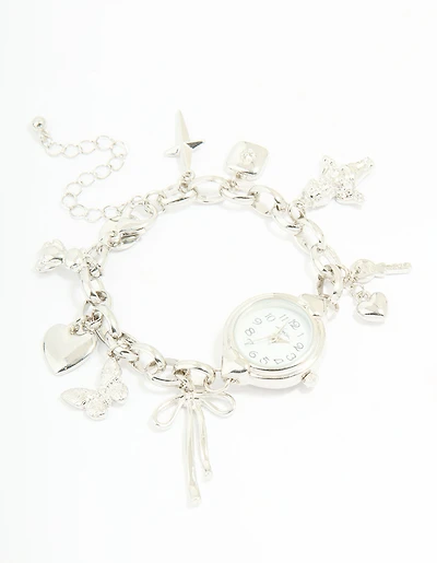 Silver Watch & Bow Charm Bracelet