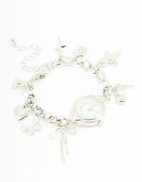 Silver Watch & Bow Charm Bracelet