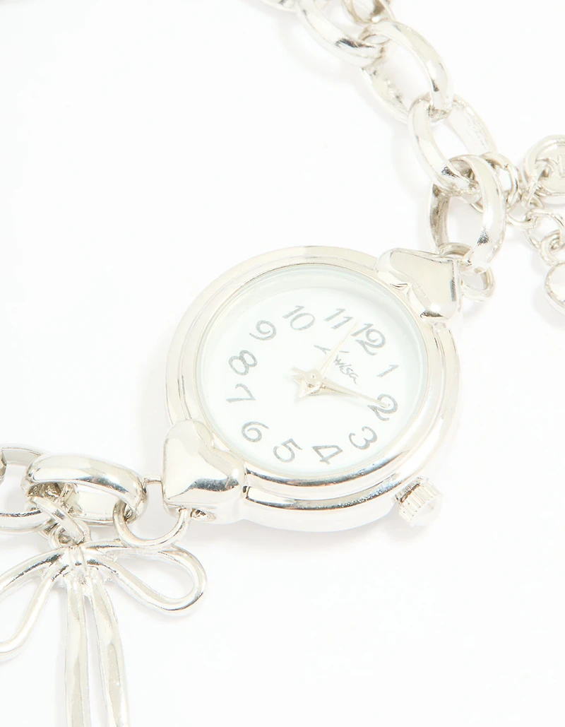 Silver Watch & Bow Charm Bracelet