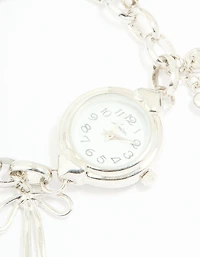 Silver Watch & Bow Charm Bracelet
