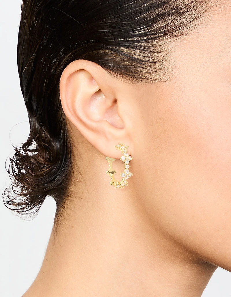 Gold Plated Cubic Zirconia Flower Large Round Hoop Earrings