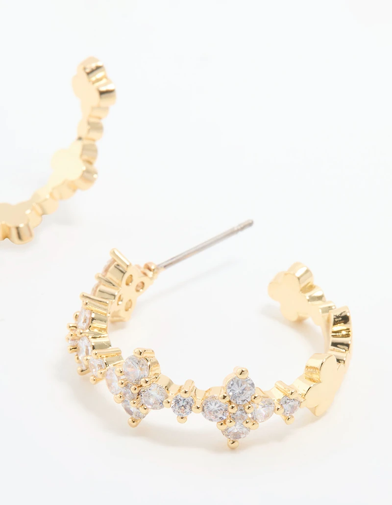 Gold Plated Cubic Zirconia Flower Large Round Hoop Earrings
