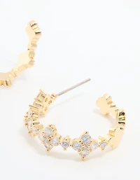 Gold Plated Cubic Zirconia Flower Large Round Hoop Earrings