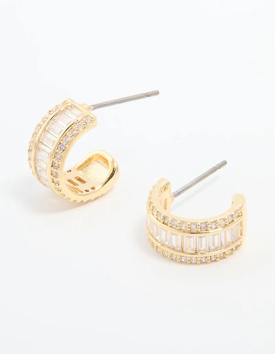 Gold Plated Cubic Zirconia Baguette Small Hoop Earrings