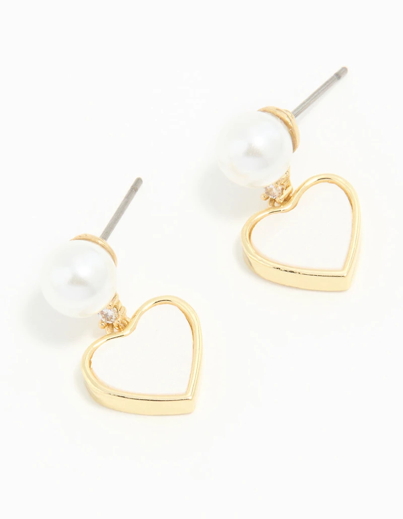 Gold Plated Pearl Catseye Heart Drop Earrings
