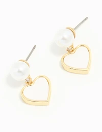 Gold Plated Pearl Catseye Heart Drop Earrings