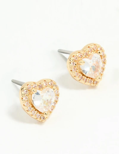 Gold Plated Cubic Zirconia Halo Heart Stud Earrings