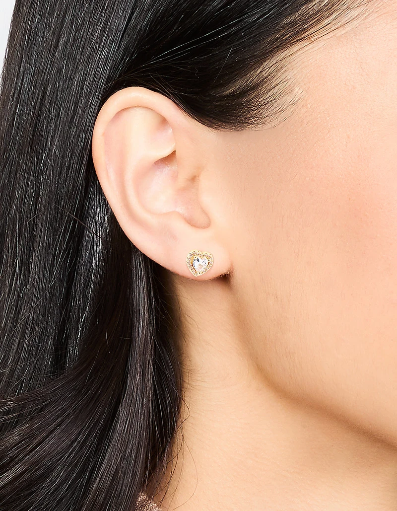 Gold Plated Cubic Zirconia Halo Heart Stud Earrings