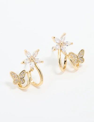 Gold Plated Cubic Zirconia Flower Butterfly Ear Jacket Earrings