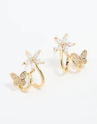 Gold Plated Cubic Zirconia Flower Butterfly Ear Jacket Earrings