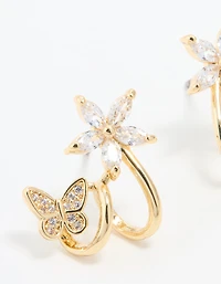 Gold Plated Cubic Zirconia Flower Butterfly Ear Jacket Earrings