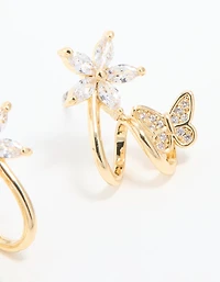 Gold Plated Cubic Zirconia Flower Butterfly Ear Jacket Earrings
