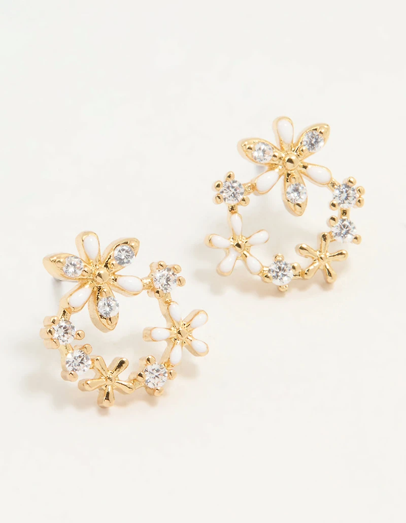 Gold Plated Cubic Zirconia Flower Wreath Stud Earrings