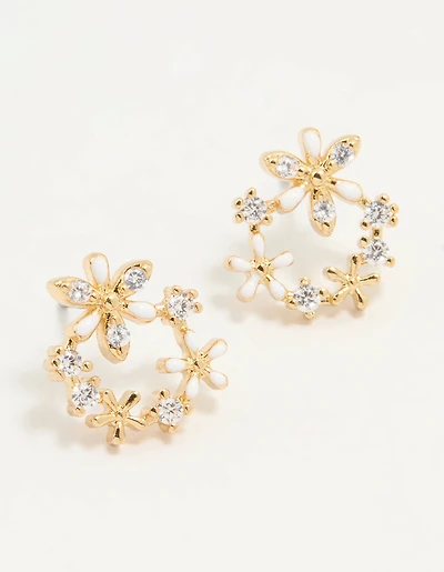 Gold Plated Cubic Zirconia Flower Wreath Stud Earrings