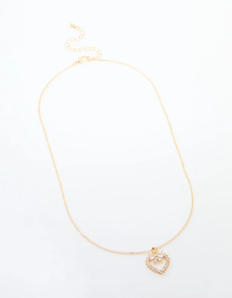 Gold Plated Cubic Zirconia Heart & Bow Pendant Necklace