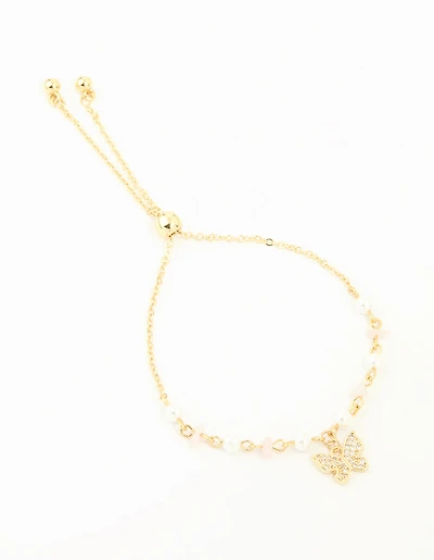 Gold Plated Cubic Zirconia Pearl Semi Precious Butterfly Toggle Bracelet