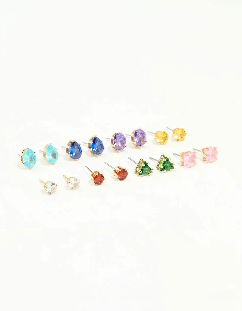 Gold Multicoloured Diamante Mixed Shape Stud Earrings 8-Pack