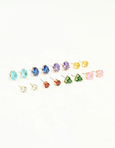 Gold Multicoloured Diamante Mixed Shape Stud Earrings 8-Pack