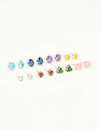 Gold Multicoloured Diamante Mixed Shape Stud Earrings 8-Pack