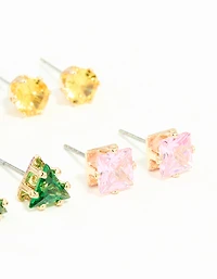 Gold Multicoloured Diamante Mixed Shape Stud Earrings 8-Pack