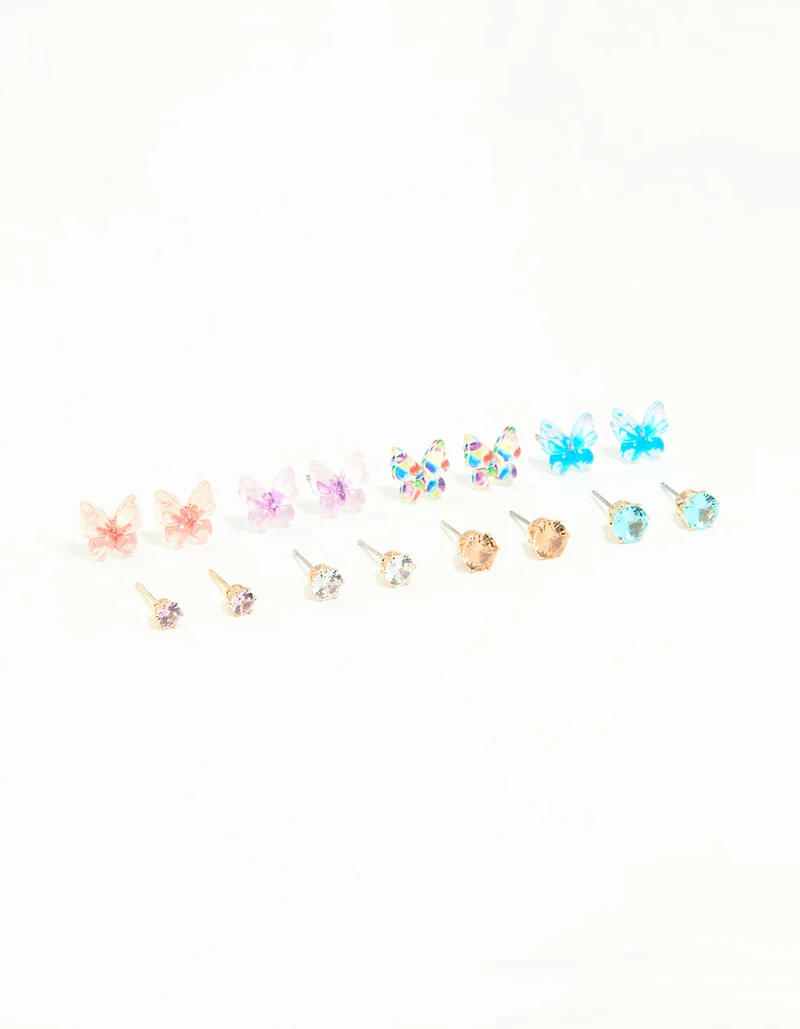 Gold Diamante & Butterfly Stud Earrings 8-Pack