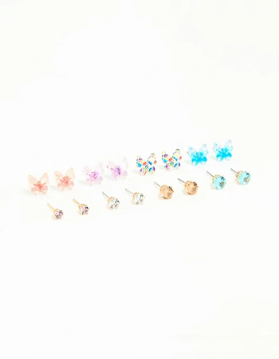 Gold Diamante & Butterfly Stud Earrings 8-Pack
