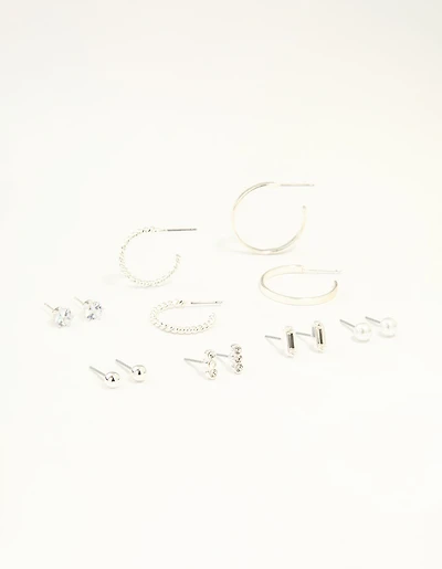 Silver Diamante Mixed Stud & Hoop Earrings 7-Pack