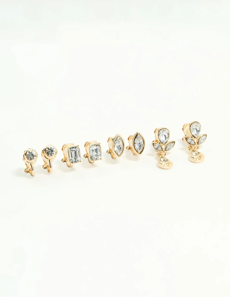 Gold Diamante Mixed Shape Clip-On Earrings 4-Pack
