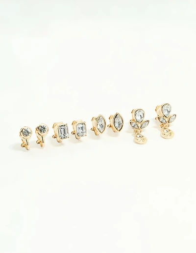 Gold Diamante Mixed Shape Clip-On Earrings 4-Pack