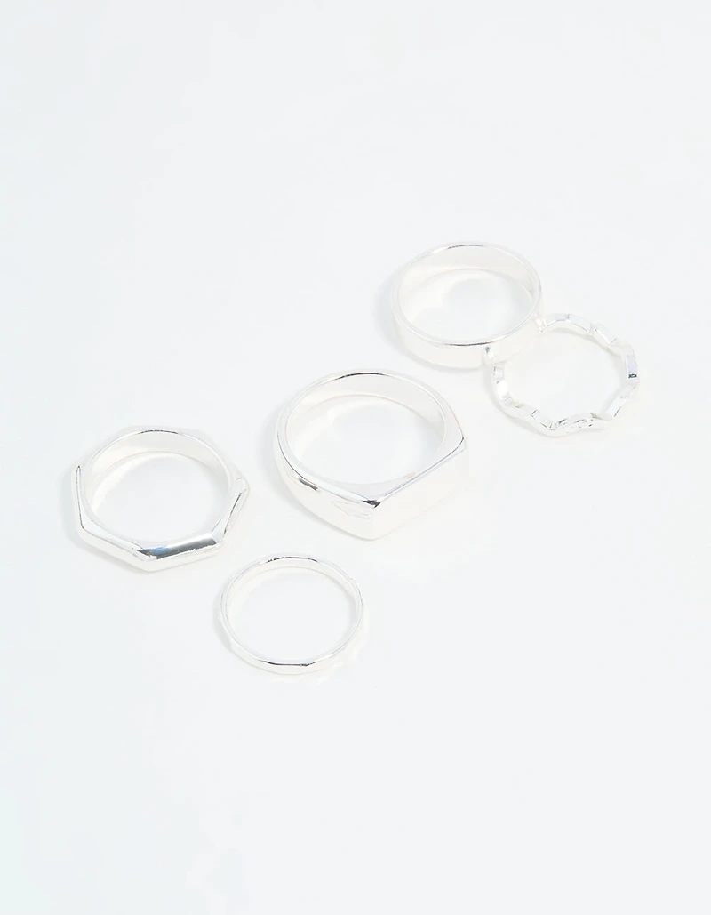 Silver Hexagon & Signet Rings 5-Pack