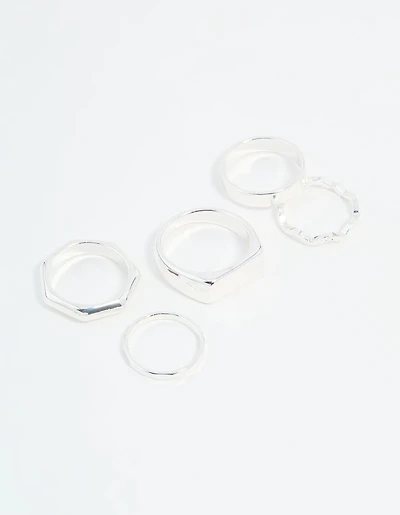Silver Hexagon & Signet Rings 5-Pack