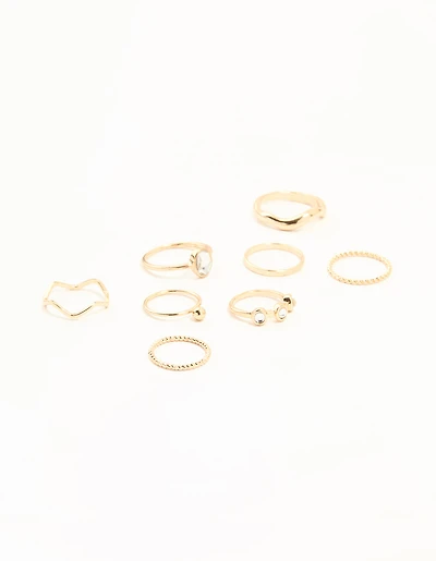 Gold Diamante Zigzag & Twisted Stacking Rings 8-Pack