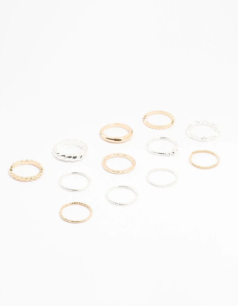 Mixed Metal Textured Spiral Stacking Rings 12-Pack