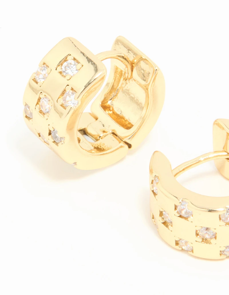 Gold Plated Cubic Zirconia Checkered Mini Hoop Earrings