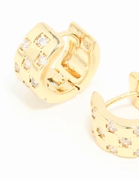 Gold Plated Cubic Zirconia Checkered Mini Hoop Earrings