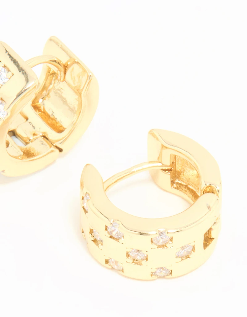 Gold Plated Cubic Zirconia Checkered Mini Hoop Earrings