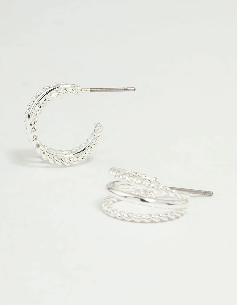 Silver Twisted & Plain Triple Hoop Earrings