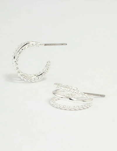 Silver Twisted & Plain Triple Hoop Earrings