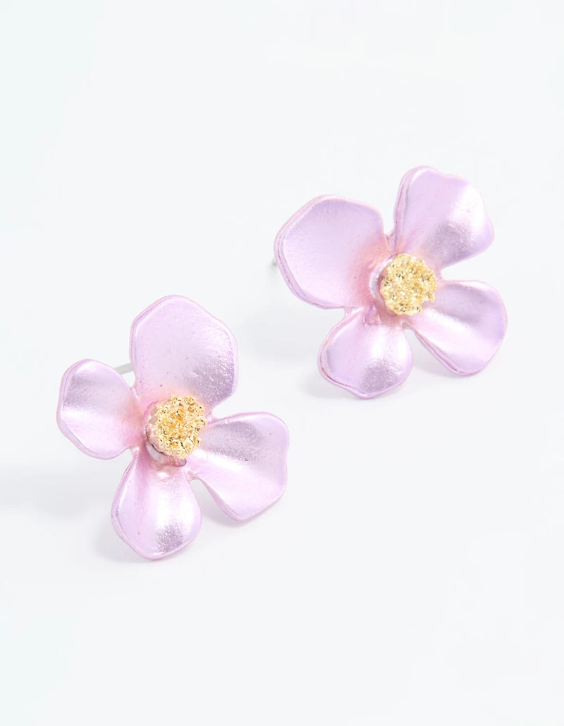 Gold Pink Pearlised Flower Stud Earrings