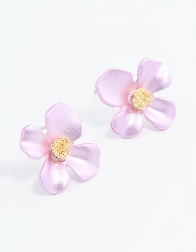 Gold Pink Pearlised Flower Stud Earrings